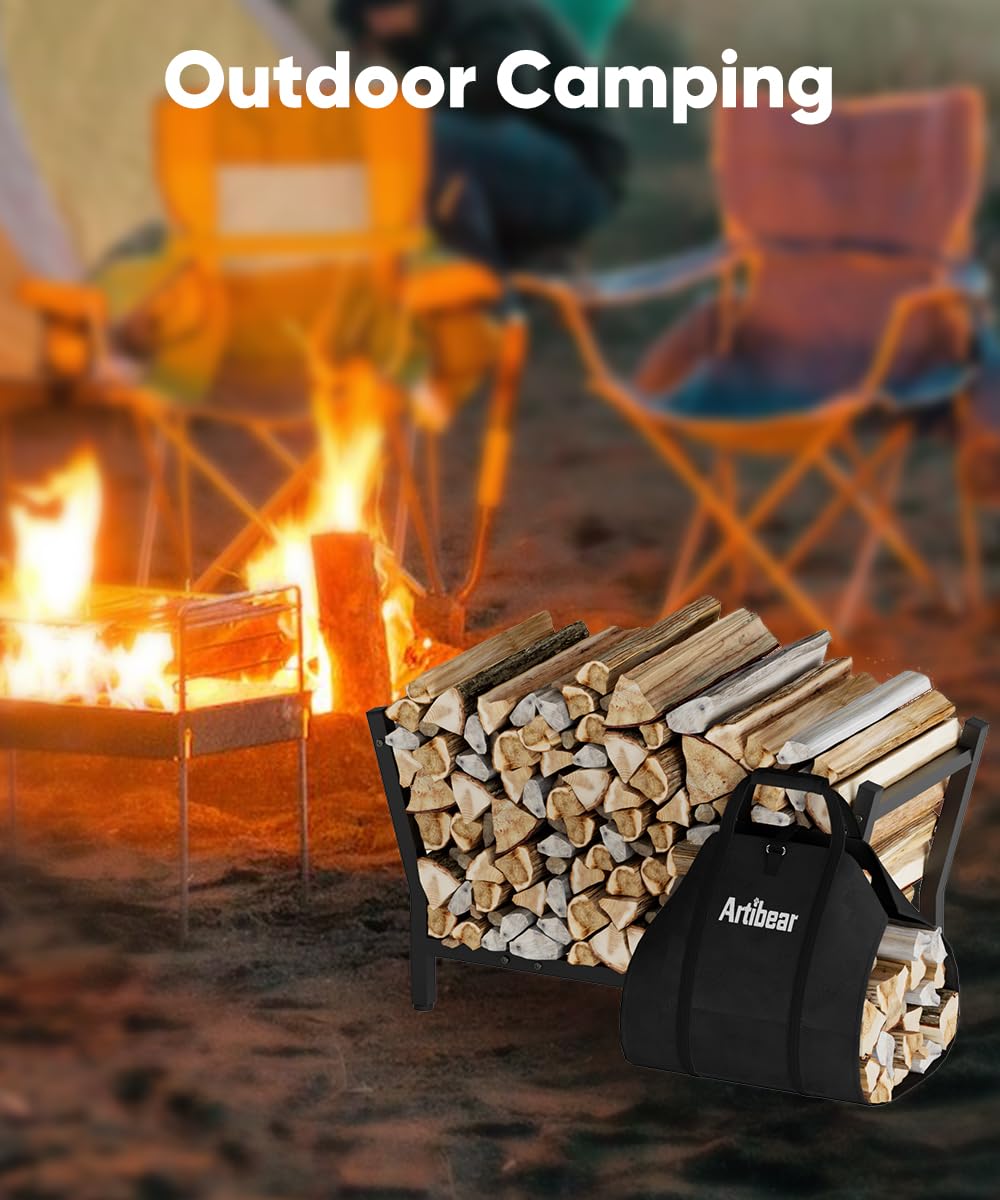 Artibear 28 Inch Firewood Rack with 900D Canvas Log Carrier Bag, Outdoor Indoor Log Holder for Fireplace, Heavy Duty Fire Wood Log Stand, Wood Pile Stacker Storage Organizer Tool for Patio Deck, Black