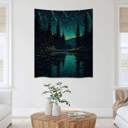 Mystical Enchanted Forest Tapestry Aesthetic Wall Hanging Tapestries Wall Decor Moody Night Sky with Meteor Showers over Lake for Bedroom Living Room Dorm Gallery (WCDOY53,40" L x 30" W)