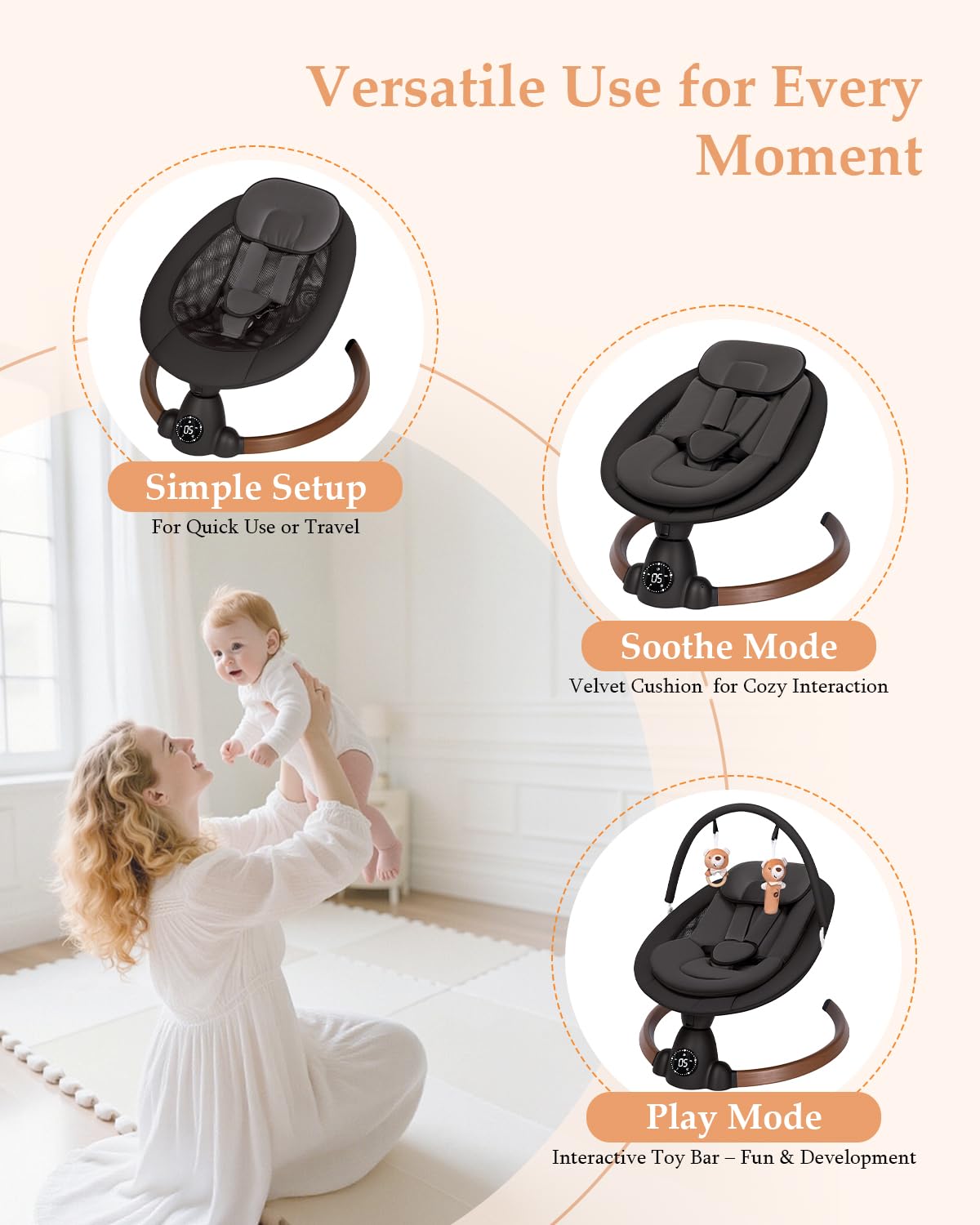 Baby Swing for Infants, Electric Baby Swing with Bluetooth, Portable Infant Swing with 5 Speeds, 10 Lullabies, 5-Point Harness & Remote Control, for Newborns Infants Indoor Outdoor Use (Black)