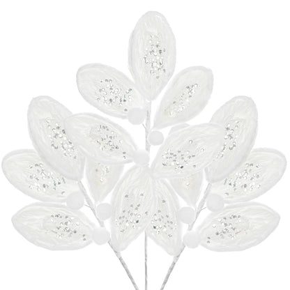 Briful 3PCS White Fur Christmas Picks and Sprays - 21.2" Plush Christmas Leaves Stems with Glitter Sequins for Xmas Tree Wreath Garland Holiday Floral Decor