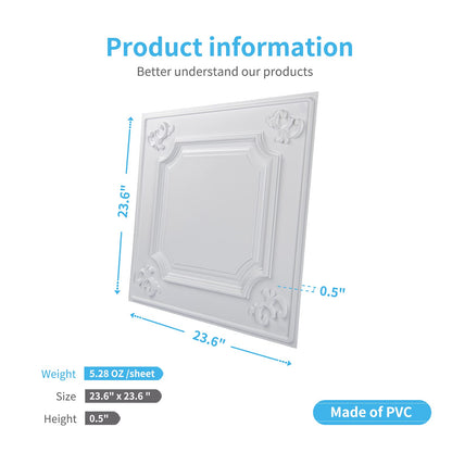 Art3d Drop Ceiling Tiles 24x24 in White (12-Pack, 48 Sq.ft), Wainscoting Panels Glue Up 2x2