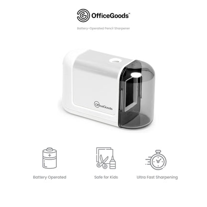 OfficeGoods Mini-Pro Electric Pencil Sharpener - Cordless Portable Sharpener - Battery Operated - Compact & Powerful for Home, Office & School - White