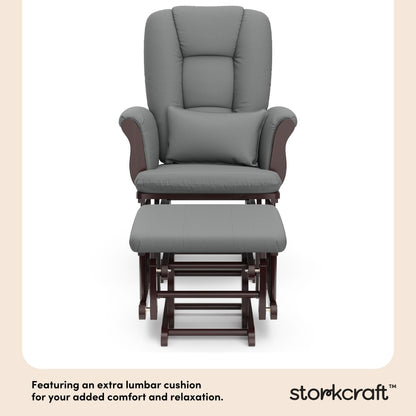 Storkcraft Tuscany Custom Glider and Ottoman with Free Lumbar Pillow (Espresso/Grey) - Cleanable Upholstered Comfort Rocking Nursery Chair with Ottoman