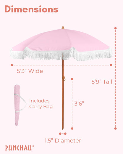 Punchau 6 Ft Fringe Patio Umbrella - Outdoor Umbrella for Patio, Pool, Table, Garden, Deck, and Beach - Push Button Tilt Pole - Fashionable Boho Vintage Tassels and Wood Print - Pink
