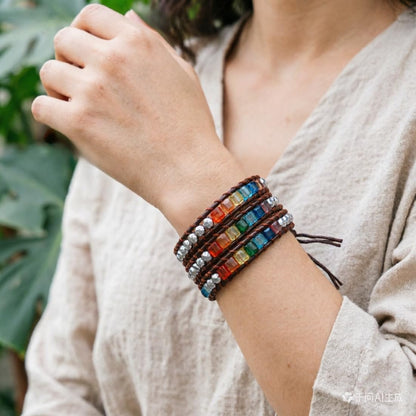 YGLINE Bohemian Style Multilayer Leather Wrap Bracelet Handmade Crystal Chakra Glass Beaded Stone Bracelet for Women