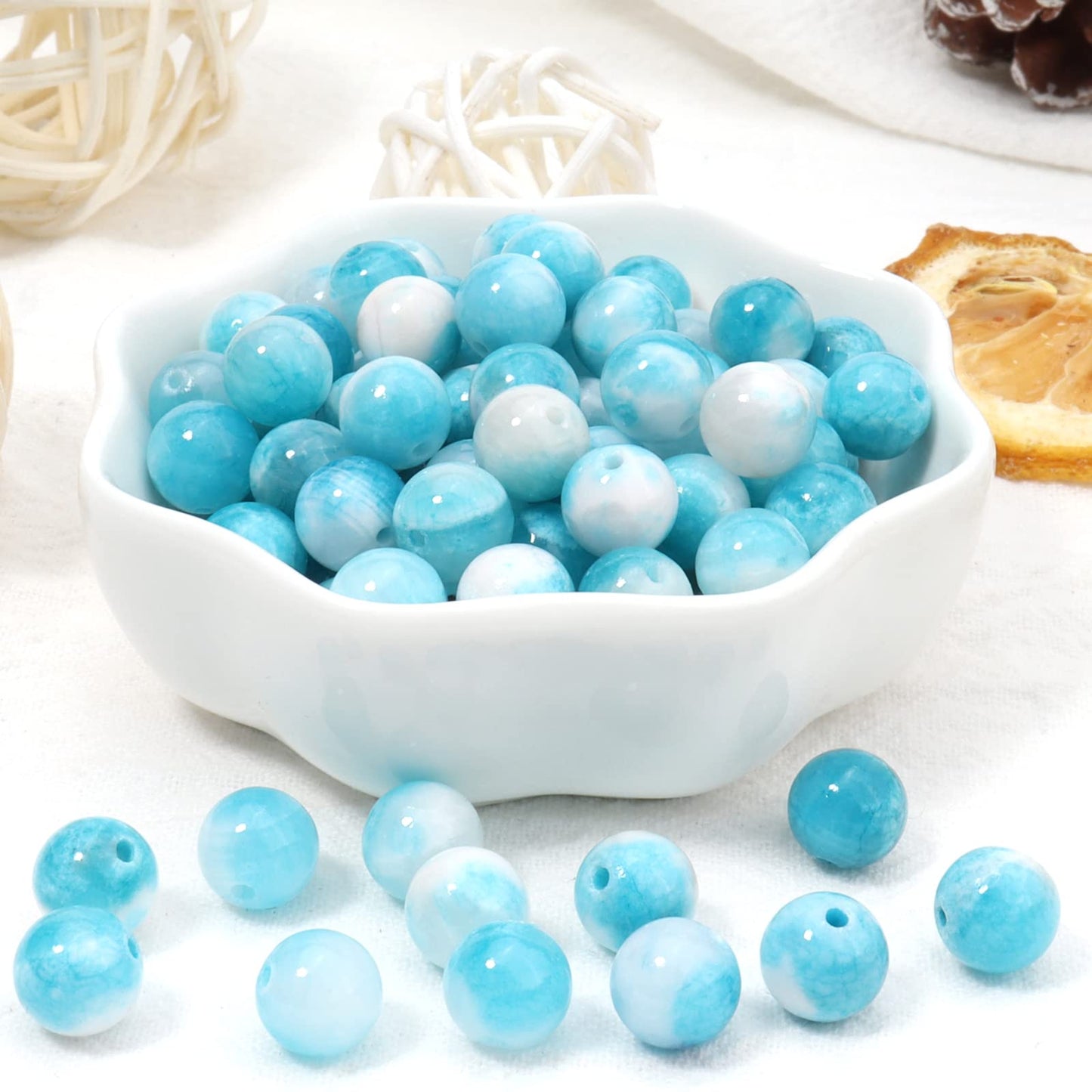 60pcs 6mm Natural Blue White Persian Jade Gemstone Beads Energy Healing Crystal Round Loose Stone Beads for Jewelry Making, DIY Bracelets Necklaces