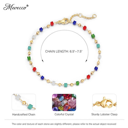 MEVECCO Gold Bracelet for Women 18K Gold Plated Colorful Square Crystal Stone Custom Handmade Mixed Beaded Charm Chain Bracelet Stack Jewelry Gifts