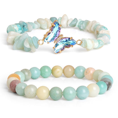 GolbalJew Amazonite Stone Bracelet for Women Healing Crystal Stone Bracelets Blue Gemstone Beads Stretch Bracelet Butterfly Charms Jewelry Women Gift