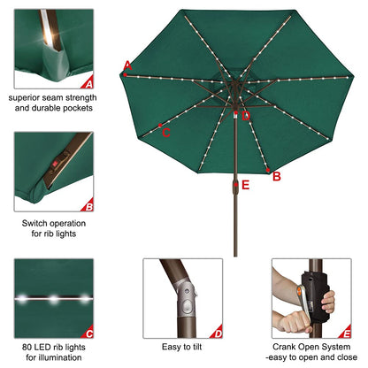 EliteShade USA 10-Year-Non-Fading 9ft Market Patio Umbrella, Commercial Grade Table Sun Umbrella with 80 Solar LED Lights, Crank Open, Windproof & UPF 50+ UV Protection for Garden, Deck, Pool, Backyard, Forest Green