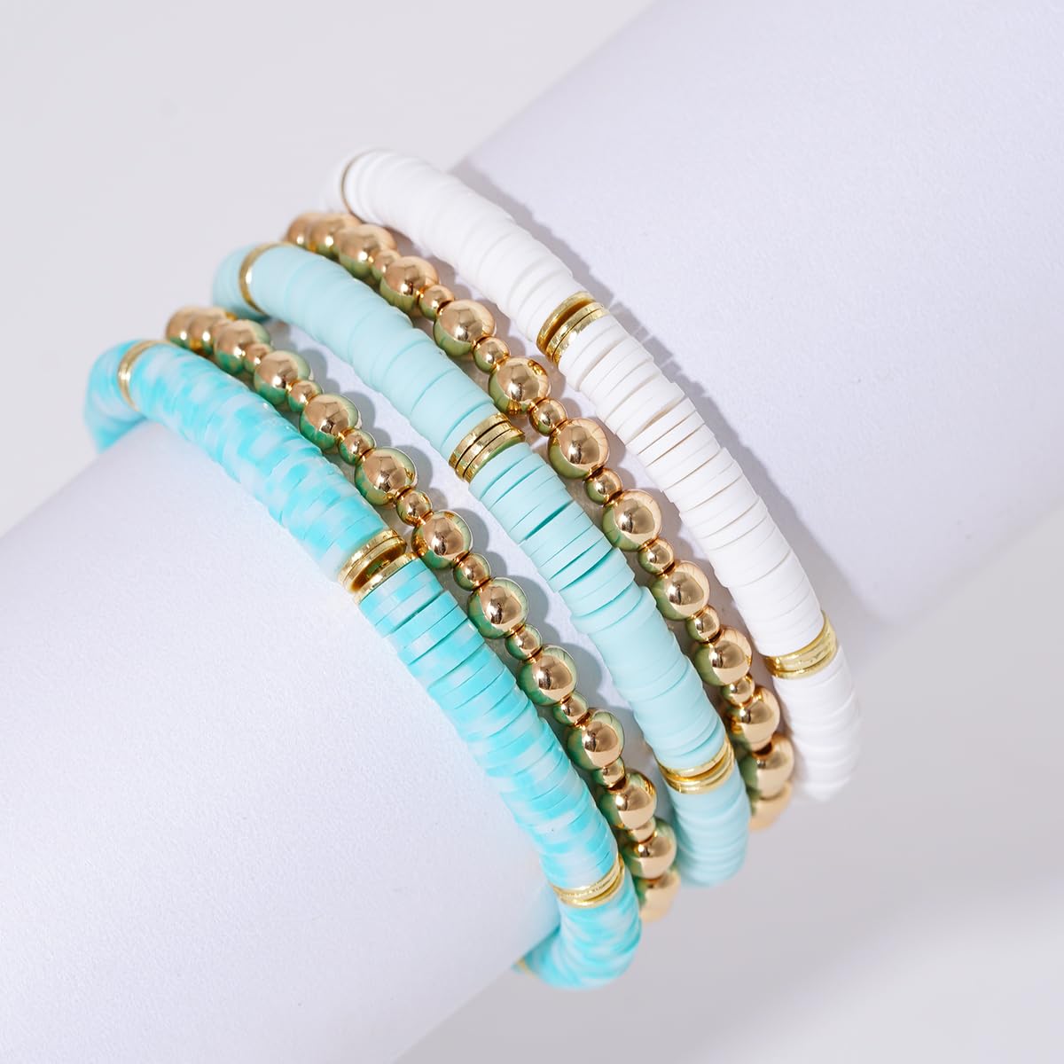 GOOJIDS Surfer Heishi Clay Bead Bracelets for Women Bohemian Stackable Gold Plated Beaded Stretch Bracelets Elastic Layering Friendship Bracelets Set Boho Jewelry