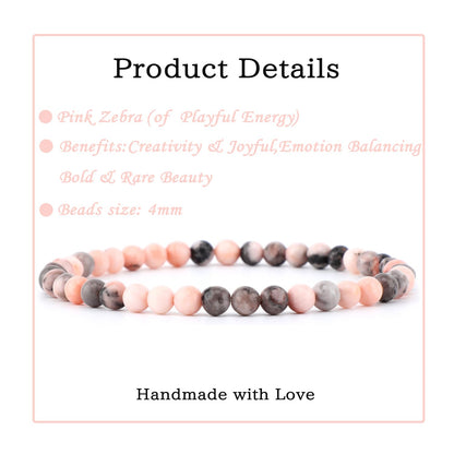 Bymitel 4mm Pink Zebra - Handmade Reiki Gemstone Stretch Bracelet, Natural Beauty & Spiritual Essence, Crystal Healing for Unisex Adults