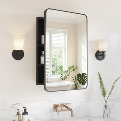 Yunnshee Yursa Medicine Cabinet Mirror 16x24 Inch, Black Bathroom Mirror Cabinet with Stepless Adjustable Shelves, Rounded Rectangle Metal Framed, Bathroom Mirror with Storage Recessed or Wall Mount