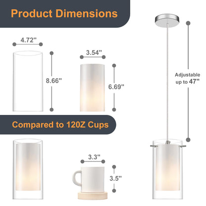 AKEZON 1-Light Pendant Light, Indoor Glass Hanging Light Fixture, Adjustable Height, Brushed Nickel Finish for Kitchen Dining Room, KP-506