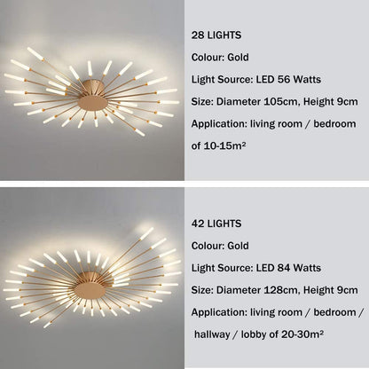 JAYMP 41.3" Ceiling Light Modern Flower Shape Ceiling Lamp for Dining Room Kitchen Hallway Flush Mount Metal Acrylic Sputnik Firework Petal LED Lighting Fixture (Matte Gold, 28 Lights)