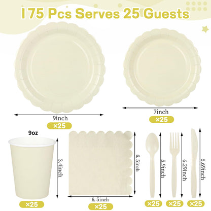 Xiangqu 175 Pcs Ivory Paper Plates and Napkins, Beige Party Supplies Include Scalloped Cream Plates Napkin Cup Plastic Cutlery for Wedding, Bridal&Baby Shower, Birthday