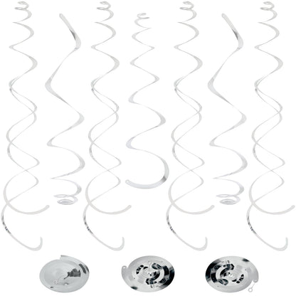 24 PCS Silver Foil Hanging Swirl, Sparkle Ceiling Hanging Decorations, Plastic Streamer Party Decorations, Swirl Decorations with Double-Swirls and Single-Swirls for Birthday,Happy New Years
