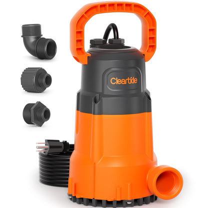 Cleartide Submersible Sump Pump, 1/2 HP Utility Water Pump for Pool Draining, Hot Tub, Basement, Electric Drain Pump Handles 3/8" Solids, 10 FT Cord