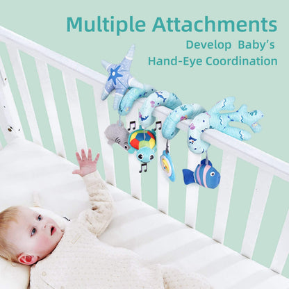 Upscale Trail Deluxe 5-Piece Spiral Plush Toy Set - Cute Hanging Baby Rattle Animals including Shark Ideal Stroller, Crib Mobile, & Car Seat Toys for Babies 0-6 months up to 1 Year Coral Blue