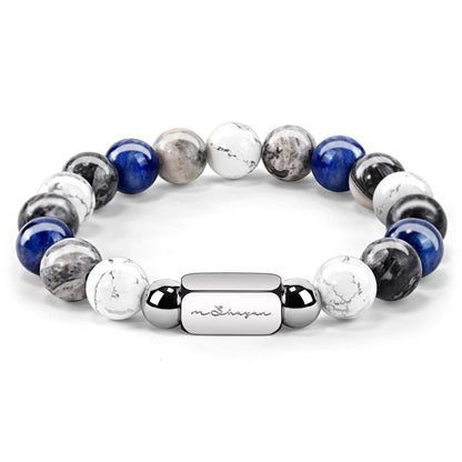 Howlite Natural Gemstone Bracelet for Men, Map Gemstone and Blue Vein Gemstone for Teens Gifts, 10MM Men's Elastic Adjustable Beaded Bracelets for Men, Handcrafted Gifts For Anniversary,Christmas.