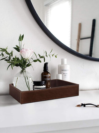 HofferRuffer Decorative Vanity Tray, Desktop Storage Organizer, Catchall Tray, Valet Tray, Nightstand or Dresser Organizer, PU Faux Leather Bathroom Tray, Brown, 10.2 x 8.4 x 1.8 inches