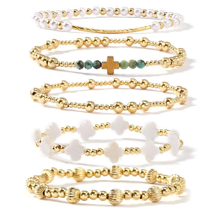 SHINUS BOHO Cross Clover Pearl Gold Beaded Bracelet Stack for Women,5PCS Dainty Handmade Boho Gold Plated Latern Beads Stackable Bracelets Set Fashion Prom Holiday Accessories Jewelry Gift Friendship