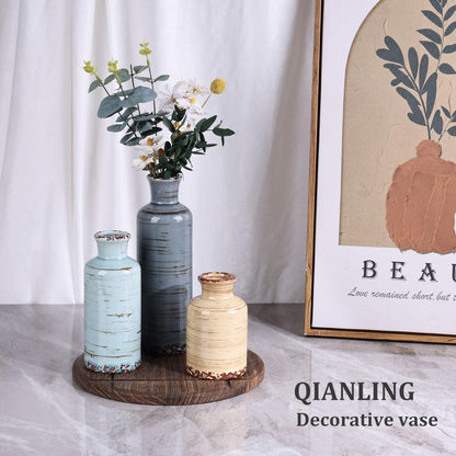 Ceramic Vase Set - 3 Small Flower Vases Home Decor, Modern Rustic Farmhouse Pottery Vases for Centerpieces, Living Room, Kitchen, Shelf, Bedroom, Bathroom, Fireplace, Table Shelf and Entryway Decor