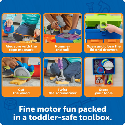 Learning Resources New Sprouts All-in-One Toolbox - Kids Tool Set, Toddler Toys, Fine Motor Skills, Pretend and Play Construction Box, Montessori Drill and Screw Toys, Gifts for Boys and Girls