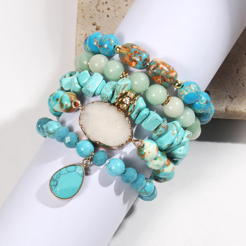 Yomisa 5PCS Natural Boho Beaded Bracelets for Women Men,Healing Turquoise Jasper Agate Crystal Gemstone Stone Diamond Chakra Multilayer Wrap Bohemian Handmade Jewelry Beads Stretch Bracelet Set
