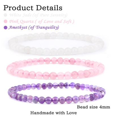 CMBYN 3-Pieces 4mm Natural Crystal Gemstone – ﻿Amethyst, Pink Quartz, White Jade Handmade Reiki Energy Healing Stretch Bracelets Jewelry for Yoga, Meditation, Unisex