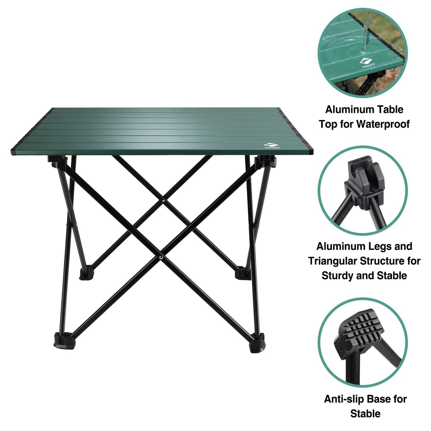 VILLEY Portable Camping Side Table, Ultralight Aluminum Beach Table with Carry Bag, Folding Camping Table for Outdoor Cooking, Picnic, Camp, Boat, Travel - Green