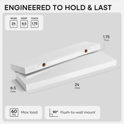 Homeforia White Floating Shelves 24 inch, High End Solid Real Wood 24inch Bathroom Floating Shelf for Wall Mounted, White Wooden 24in Floating Shelves, Heavy Duty Bracket, 24 X 6.5 X 1.75 in, Set of 2