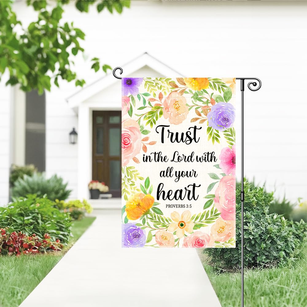 Gkodw Trust In The Lord With All Your Heart Garden Flag, Funny Floral Welcome Spring Summer Yard Flag, Christian Flags for Outside, Bible Verse Religious Garden Flags, Christian Yard Sign Lawn Décor