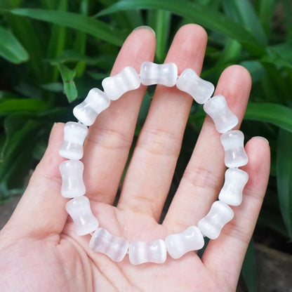 TaHLga 8mm Selenite Bracelet White Bamboo-Shaped | Natural Stone Beads with Traditional Bamboo Node Design | Handmade Meditation Healing Crystal Jewelry | Beading Tool Kit - Adjust to 6.5-7.5 inches