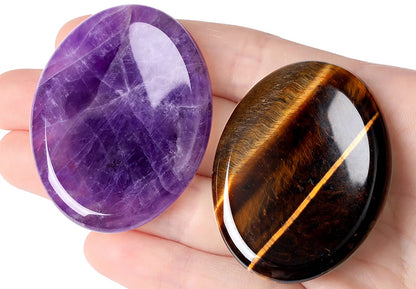 2PCS Worry Stone for Anxiety Tigers Eye Amethyst Healing Crystals Hand Thumb Stones Pocket Gemstones Meditation Accessories Oval Crystal Natural Relax Palm Stone Anxiety Relief Items Stocking Stuffers