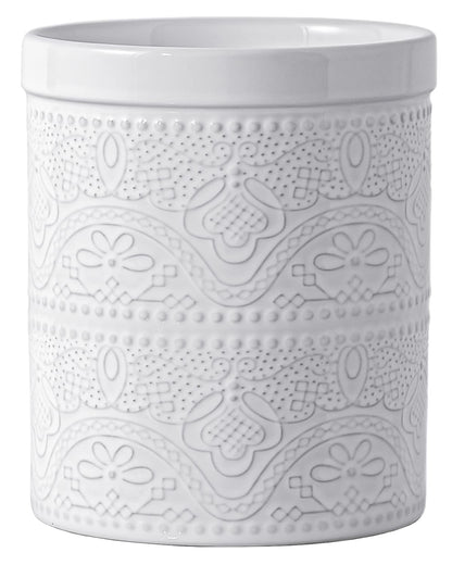 FUN ELEMENTS Kitchen Utensil Holder, 7.2" Super Large Utensil Crock Heavy and Stable Lace Emboss Ceramic Utensil Holder for Kitchen Counter (Bright White)