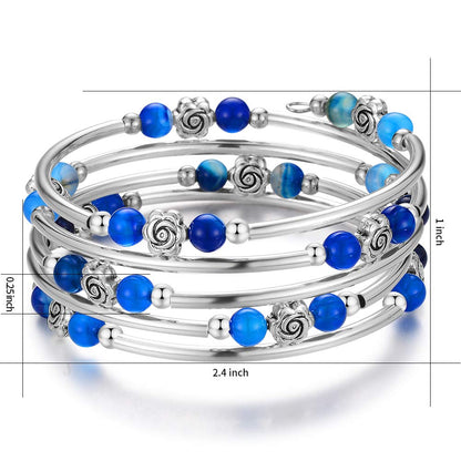 BULINLIN Wrap Bangle Rose Bead Bracelet - Beaded Bracelet with Natural Agate Stone Gifts For Women(01-Agate blue)