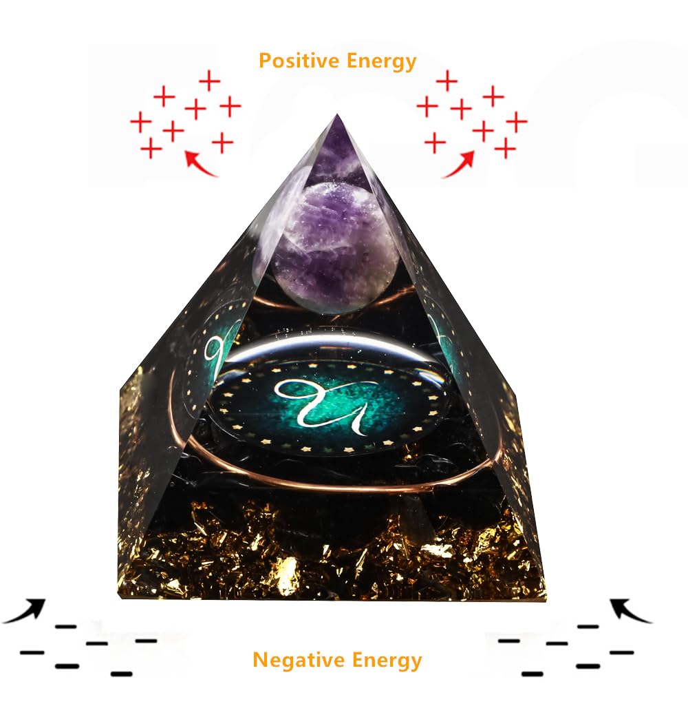 12 Zodiac Orgone Crystal Pyramid, Natural Amethyst with Obsidian,Healing Crystals Pyramid for Protection Chakra, Unique Constellation Pyramid for Positive Energy, Healing Money Health(Capricorn)