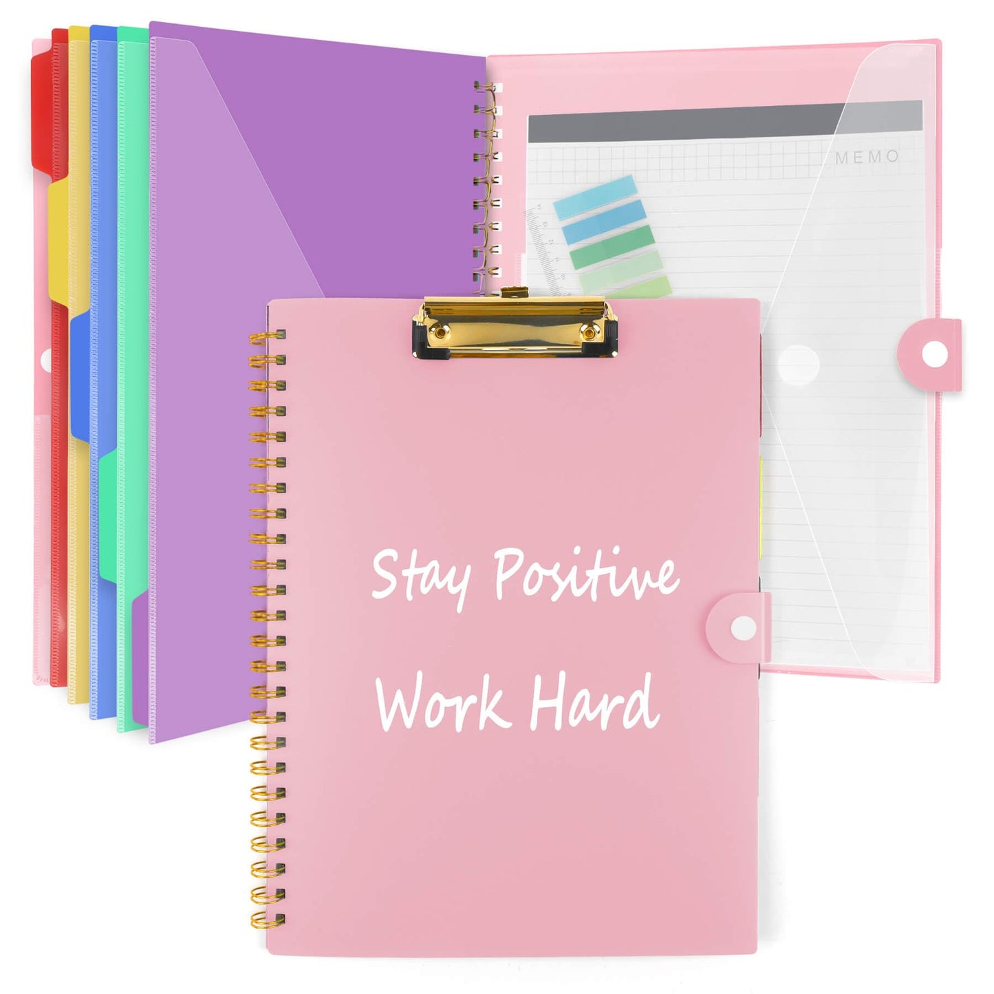 Clipboard Folio with Notepad, Multifunctional Clipboard Folder with Storage, 5 Folders with 11 Pockets, Waterproof Organizer with Refillable Notepad 40 Pages, Lightweight, Button Closure (Macron Pink)