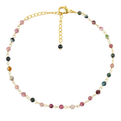 JOR Natural Multi Tourmaline Beaded Rosary Anklet, Handmade Craft, Anklet Beads Bracelet, Chakra Healing Anklet, Gemstone Women Jewelry, Dainty Gold Plated Anklet 9 inch + 1.5 inch (1pcs)