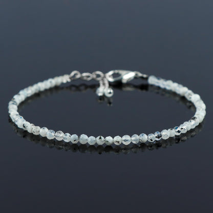 Gemkora Natural Real Moonstone Crystals Bracelet, 3mm Best Grade Micro Cut Beads, Chakra Healing Gemstone, Beautiful Simple Jewelry, Silver Plated Jewelry 7+1 inch