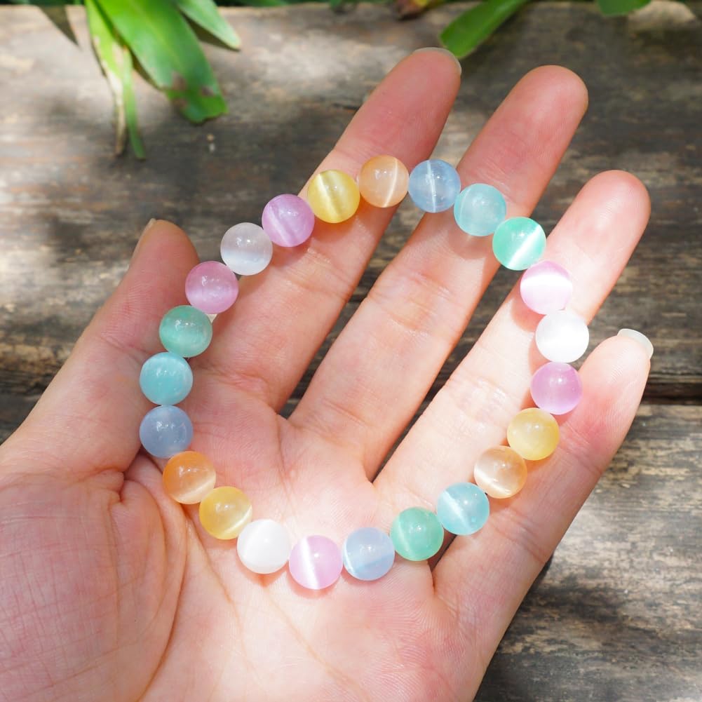 TaHLga 8mm Rainbow Selenite Bracelet - Iridescent Natural Crystal | Handmade Meditation Bracelet with Cat-Eye Effect | Come with Beading Tool Kit - Adjustable to 6.5-7.5 inches Wrist Size
