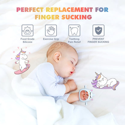 Teething Toys for Babies 0-6 Months, Tinabless Unicorn Never Drop Silicone Teether for Babies 6-12 Months, Hand Pacifier for Breast Feeding Baby, Baby Chew Toys Freezer Safe for Newborn, Blue