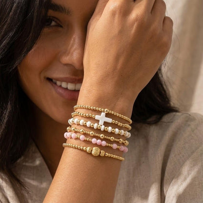 Bohxantium 14K Gold Beaded Bracelets for Women Boho Colorful Gold Beads Ball Stackable Stretch Christian Cross Bracelet Stack Waterproof Trendy Non Tarnish Jewelry Accessories Friendship Gift