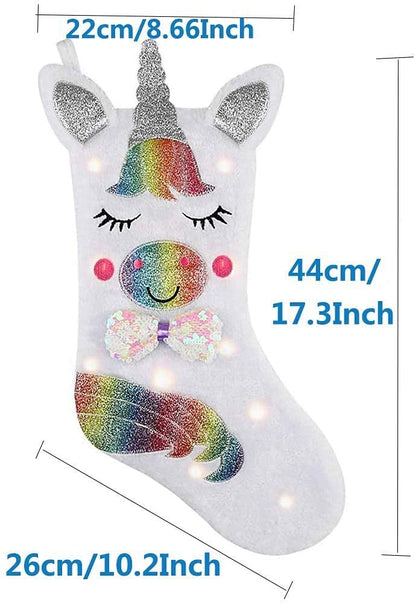 shelly home Christmas Stocking with LED Light Unicorn Sparkly Sequins Stockings for Christmas Decoration