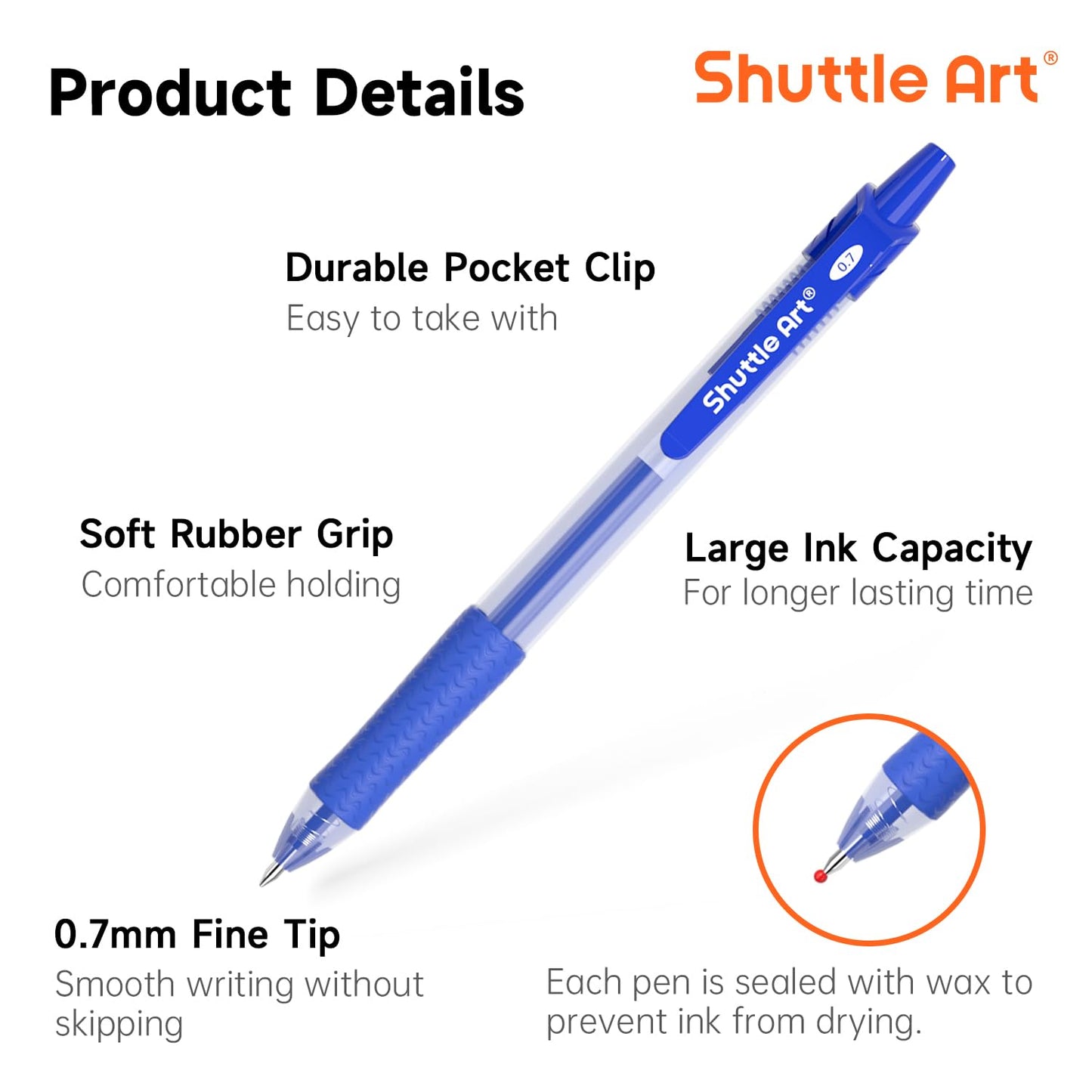 Shuttle Art Blue Gel Pens, 40 Pack Retractable 0.7mm Medium Point Rollerball Blue Ink Pens Smooth Writing with Comfortable Grip for Writing Journaling Taking Notes Office School Home