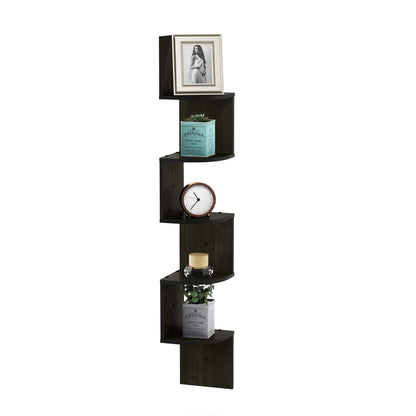 Furinno ROSSI Floating Book Shelves for Wall, 5-Tier Zigzag Corner Shelf Wall Mounted, Radial Corner Floating Shelf, for Living Room, Bedroom, Bathroom, Home Office, Espresso