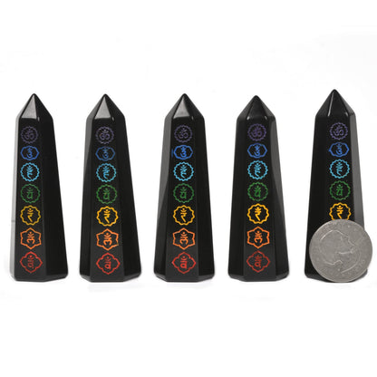 Black Obsidian 7 Main Chakras Seven Symbolic Sanskrit Text Crystal Tower Healing Crystal The Seven Chakras Wand For Spiritual Use Hexagonal Point Reiki Chakra Gemstone Home Office Decor