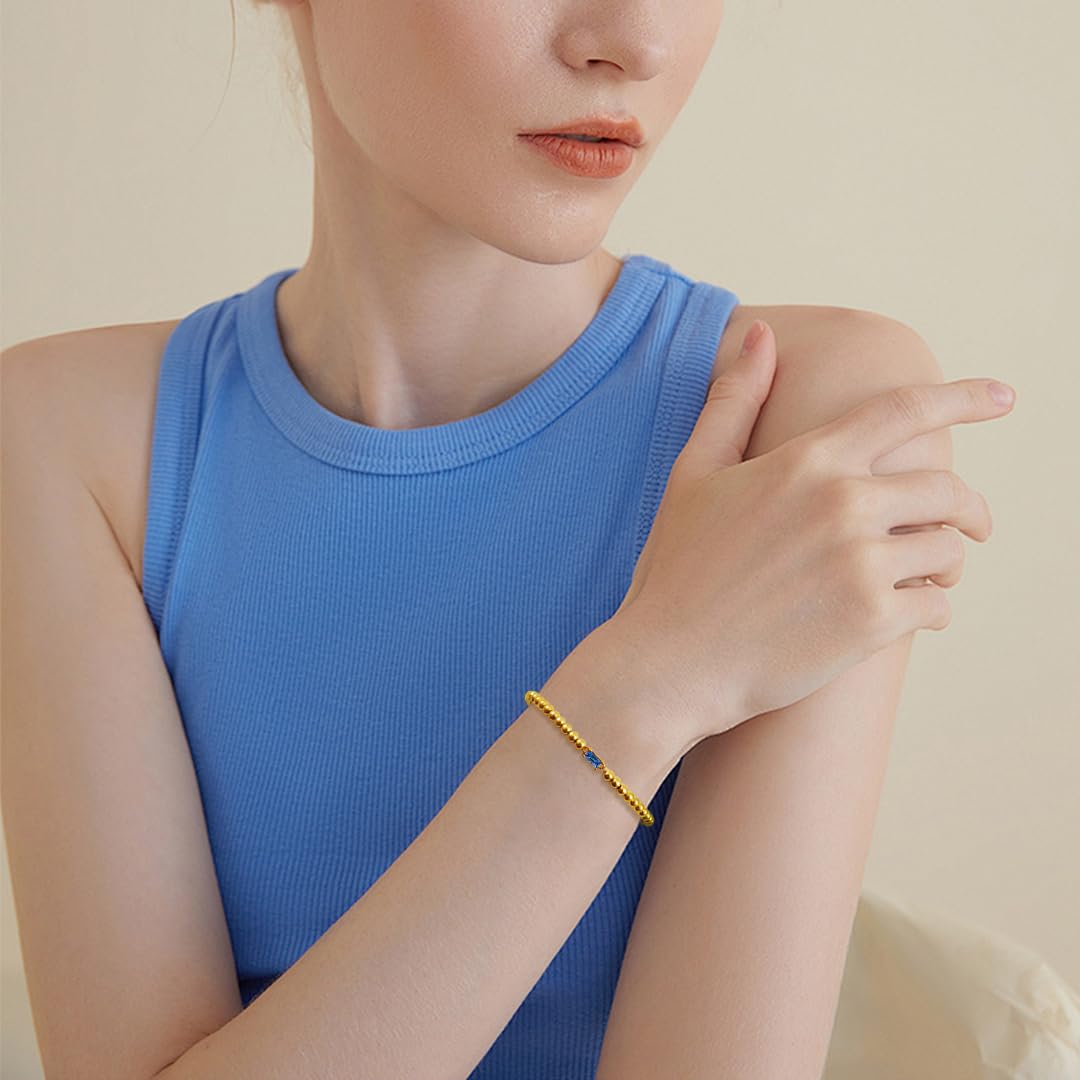 Free bird 14K Gold Beaded Bracelets December Birthstone Braclet with Tanzanite Gemstone Bracelet Dainty Gold Stretch Stacking Bracelet for Birthday Gifts