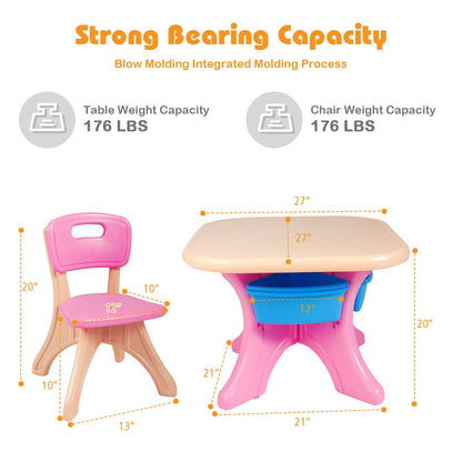 KOTEK Kids Table and Chair Set with Storage Bin, 3 Piece Activity Table Set with 2 Chairs for Toddler, Children Art Crafts Study Desk for Reading, Drawing, Painting (Pink)