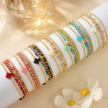 Bohxantium Gold Beaded Cross Bracelets for Women Dainty 14K Gold Plated Beads Ball Green Stretch Stackable Non Tarnish Bracelet Stack Boho Christian Jewelry Accessories Birthday Prom Friendship Gift